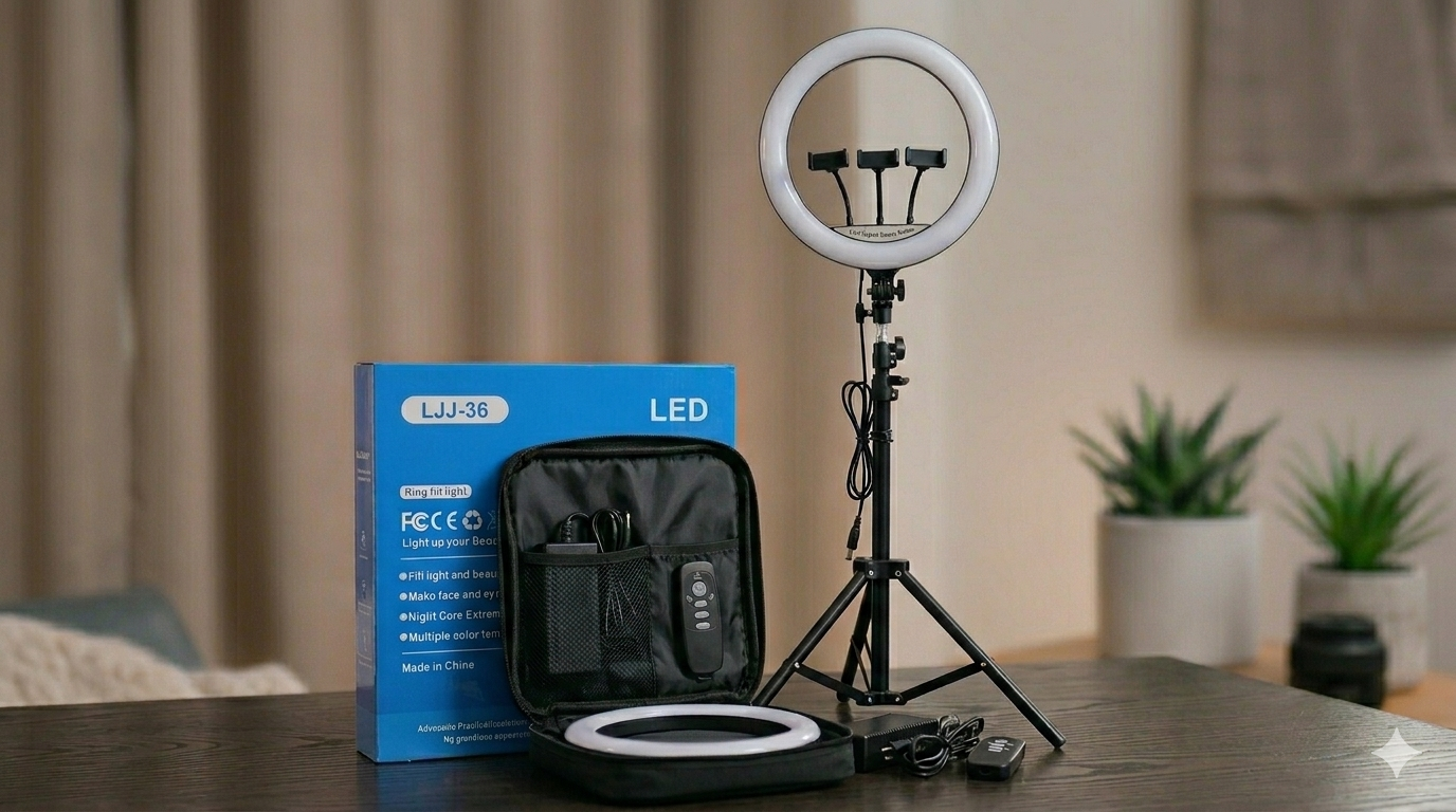 14-Inch LED Ring Light with 3 Phone Holders & Power Adapter